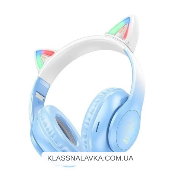 Беспроводные наушники голубые Bluetooth Cat Ear / Накладные наушники с ушками / Блютуз наушники e12 фото